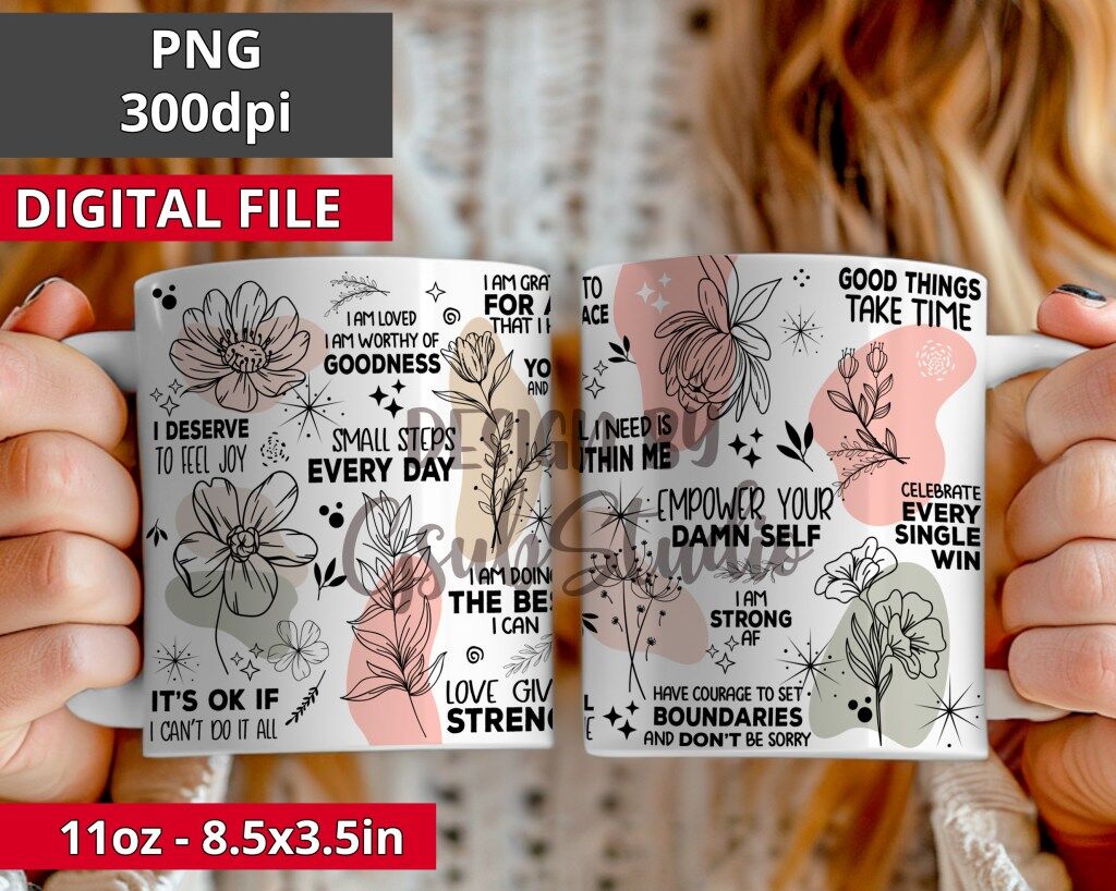 Daily Reminders PNG Mug Wrap Positive Quotes in Boho Style