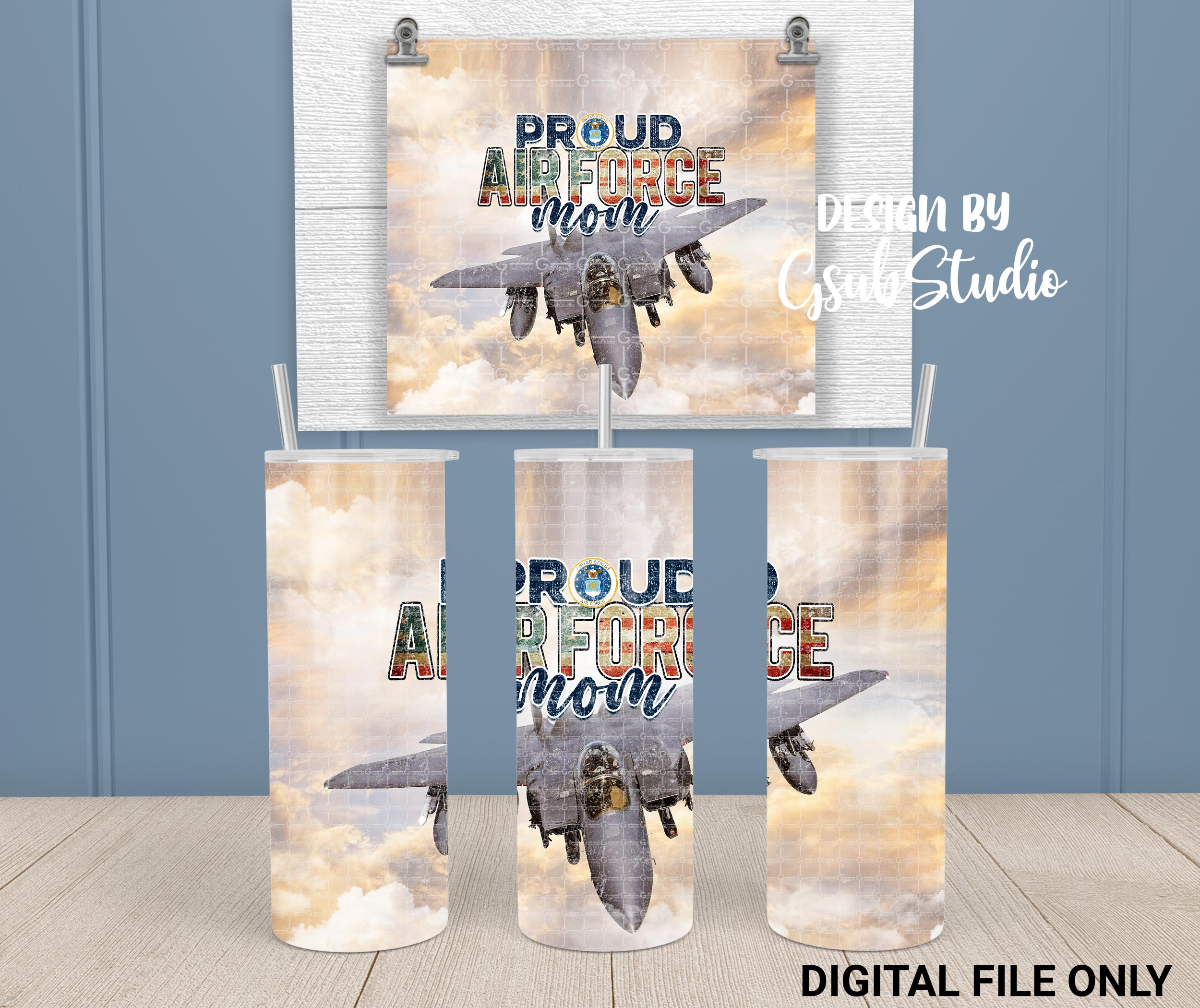 Proud Air force mom 20oz Tumbler wrap, PNG, 20oz Skinny tumbler, Air force mom sublimation, Digital Download PNG, Instant DIGITAL ONLY - Image 2