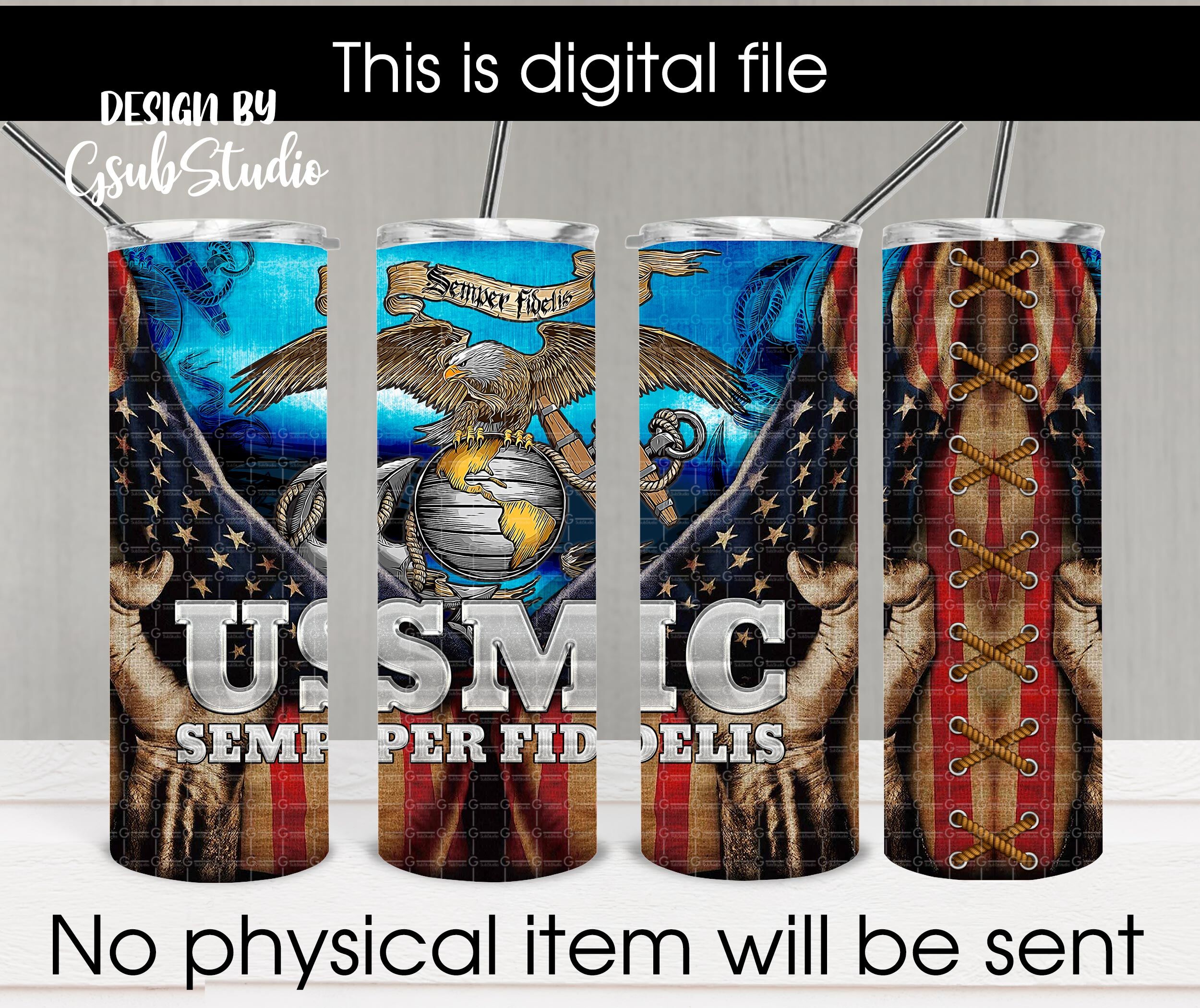 Marine Corps USA Flag Skinny Tumbler 20oz Wrap Sublimation Waterslide, PNG Digital Designs Download - Image 3
